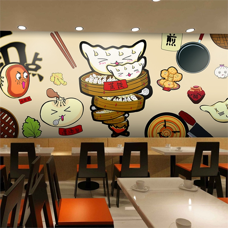 Food Snacks Background - วอลเปเปอร์ภาพวาดการ์ตูนอาหาร 3 มิติ แบบสั่งทำพิเศษ สำหรับร้านอาหารจีน ร้านก๋วยเตี๋ยว