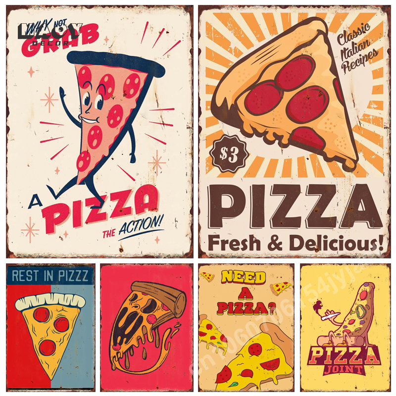 Food Snacks Background - ป้ายโลหะลายพิซซ่า อาหารตลกๆ สำหรับตกแต่งผนังร้านอาหาร ร้านขนม บาร์ ตกแต่งบ้าน