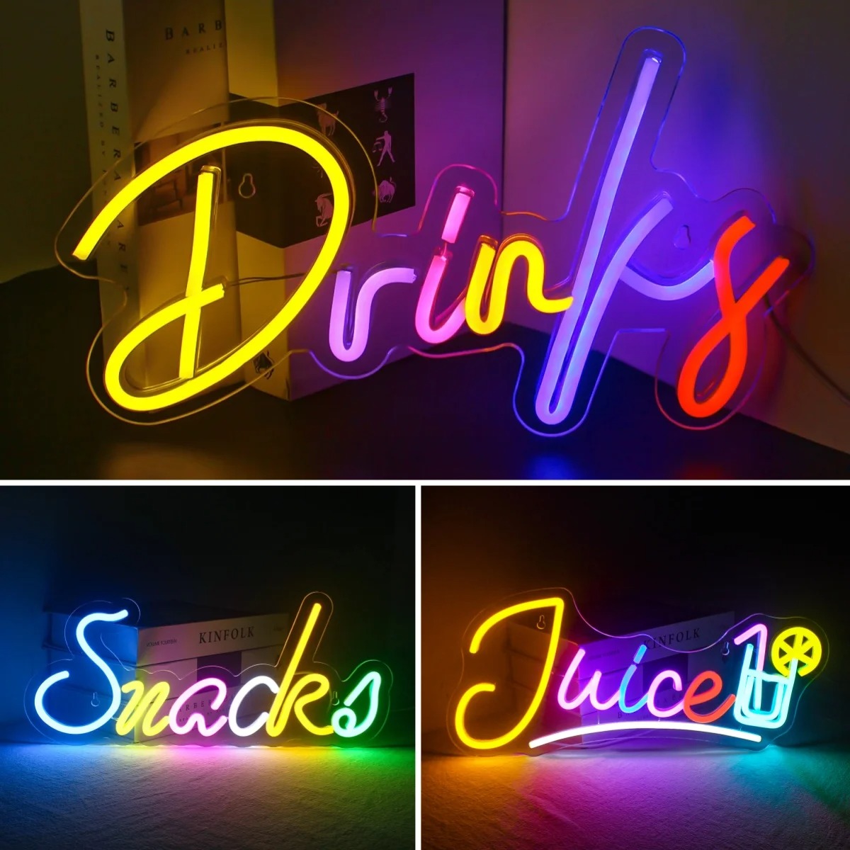 Food Snacks Background - เครื่องดื่มและขนมบาร์ LED Neon Light Sign USB