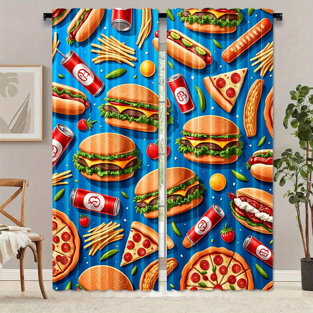 Food Snacks Background - อาหารจานด่วน เบอร์เกอร์ พิซซ่า ผ้าม่าน 2 แผง